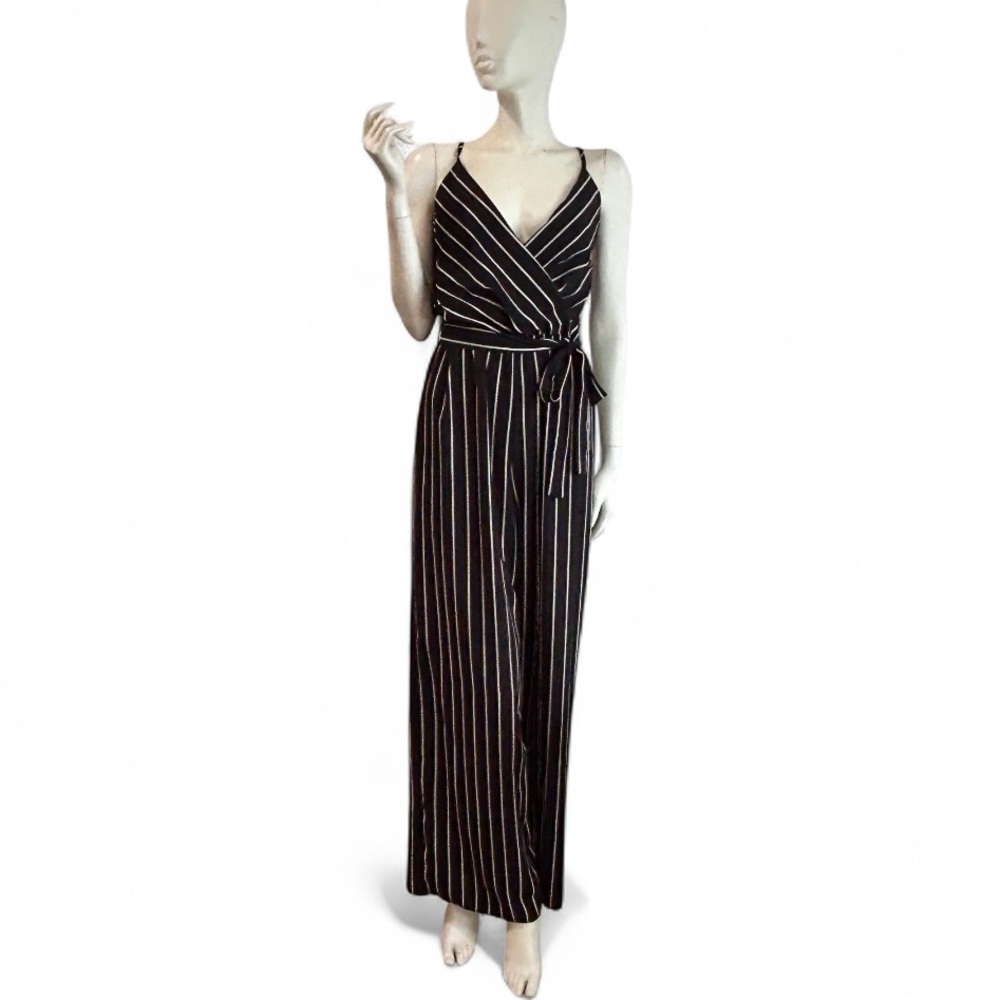 Black & White Crepe Wrap Front Wide Leg Jumpsuit